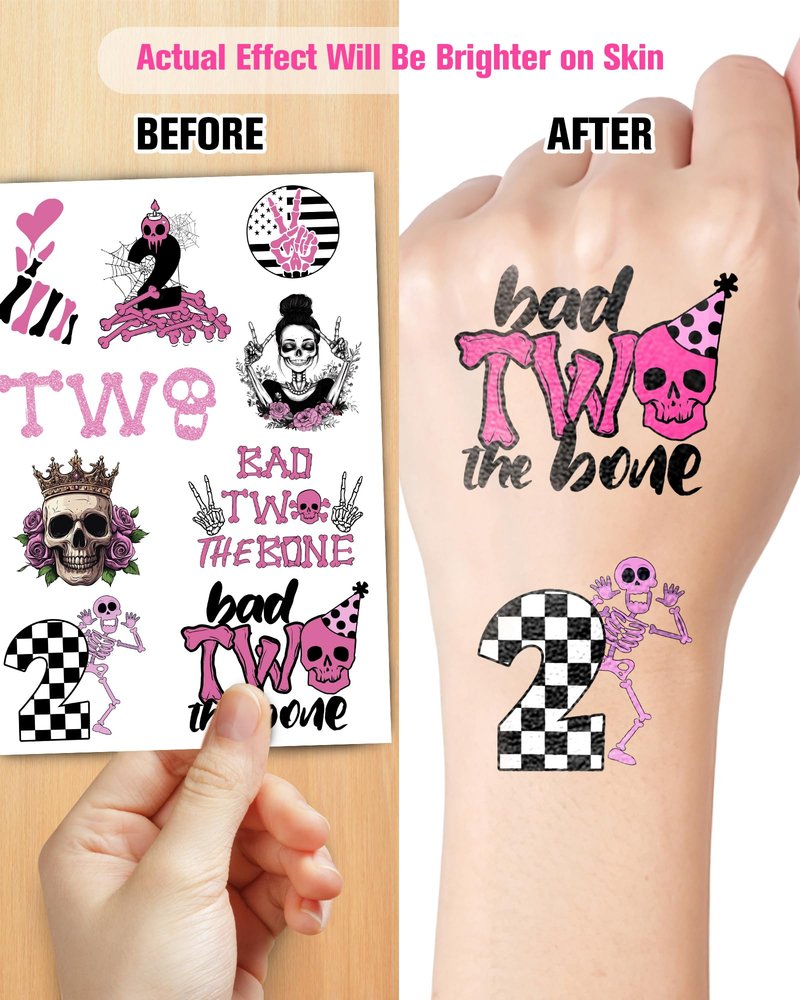 192 Pieces Bad Two The Bone Black and Pink Temporary Tattoos Stickers,20 Sheets 2nd Birthday Skeleton Themed Tattoos Stickers Party Decoration Supplies Party favors