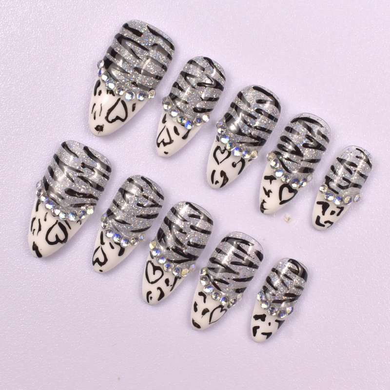 Handmade Nails Press On Medium Almond Reusable Unique Fake Nails, Artistic Design, Thick Acrylic and Muti-Layer Gel False Nails Stick On, Size M