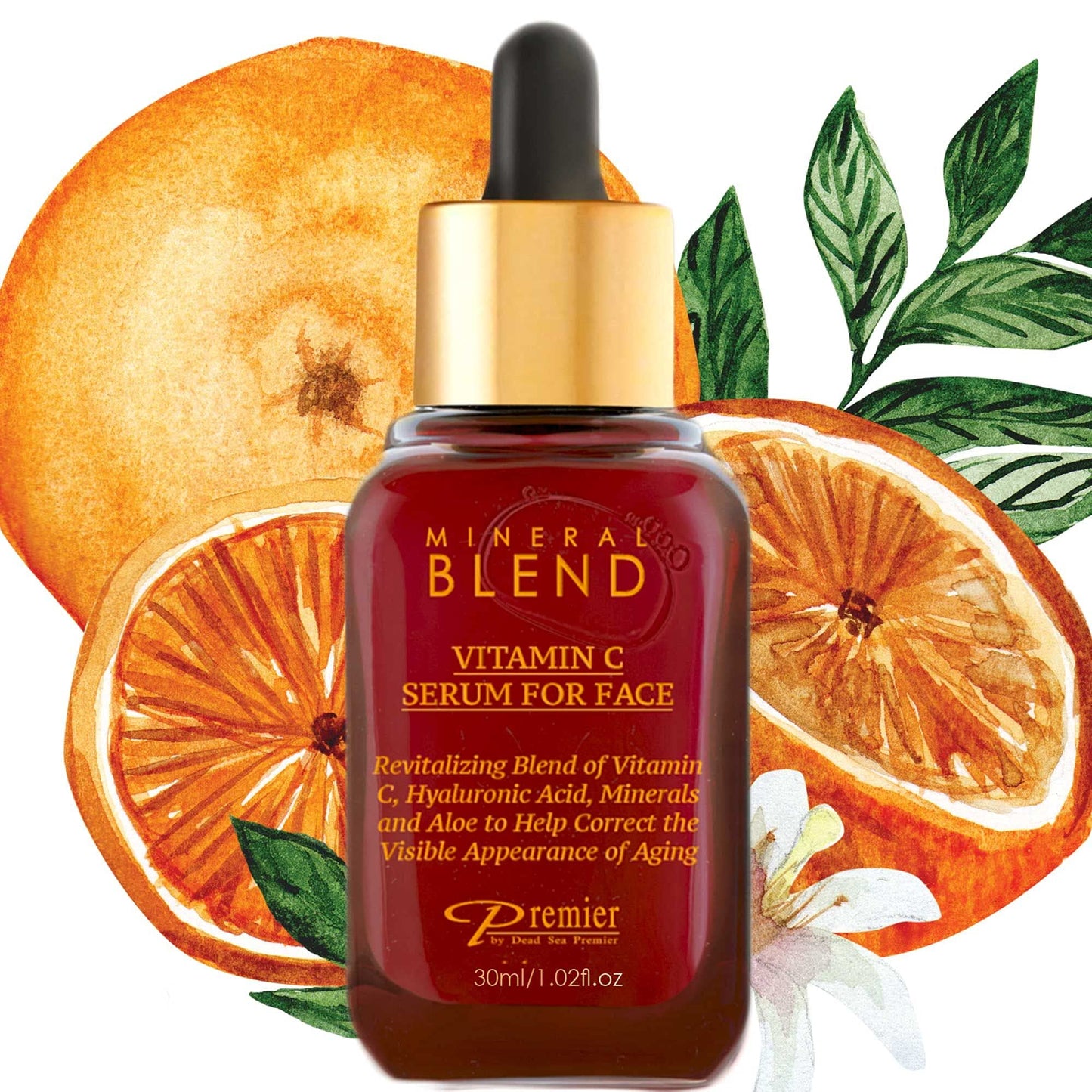 Vitamin C Facial Serum with Hyaluronic Acid & Rose Hips Oil – Cosmetic Face Serum, Mineral Blend by Premier Dead Sea, 1.02 fl oz