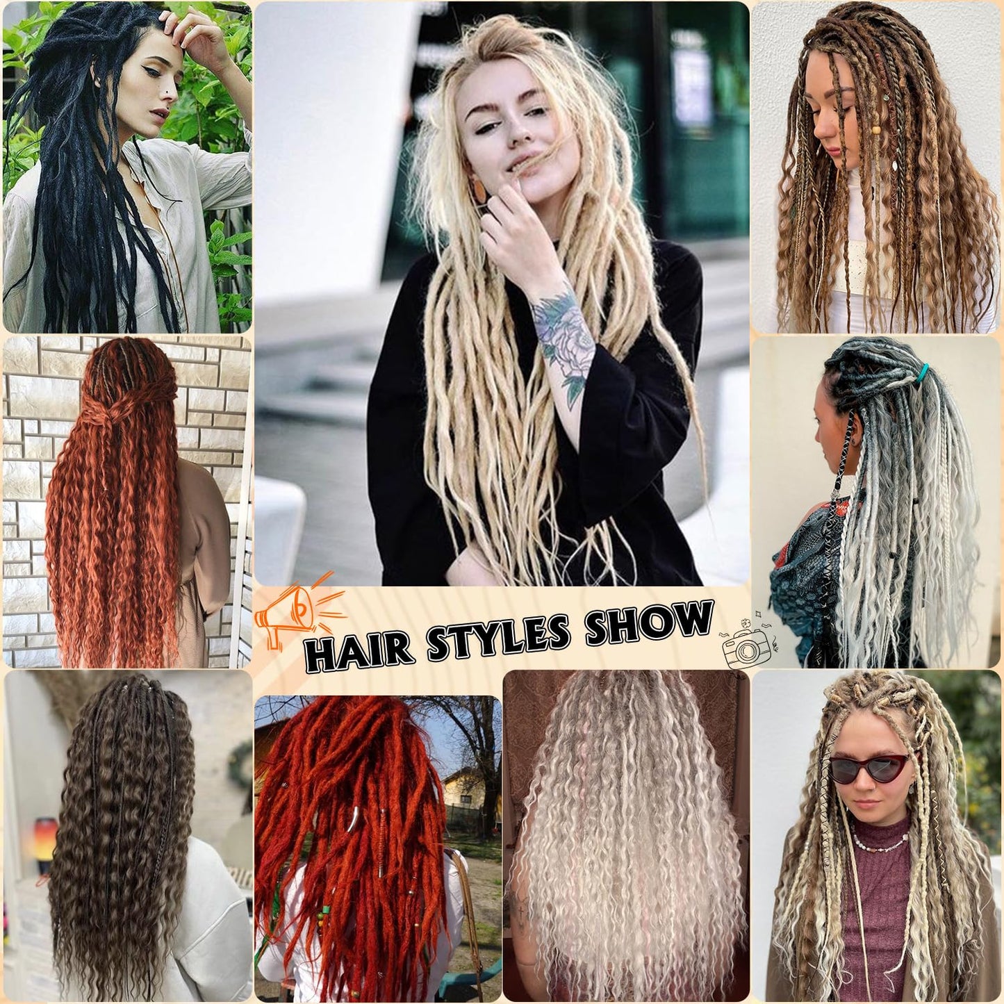 Aguacor 24inches 9PCS Clip in Dreadlock Extension Sets,36 Strands 3 Styles in 1 Mixed Straight Wavy Boho Thin Soft Clip in Dreads Extension Sets for Women (1B#,9 Clips)