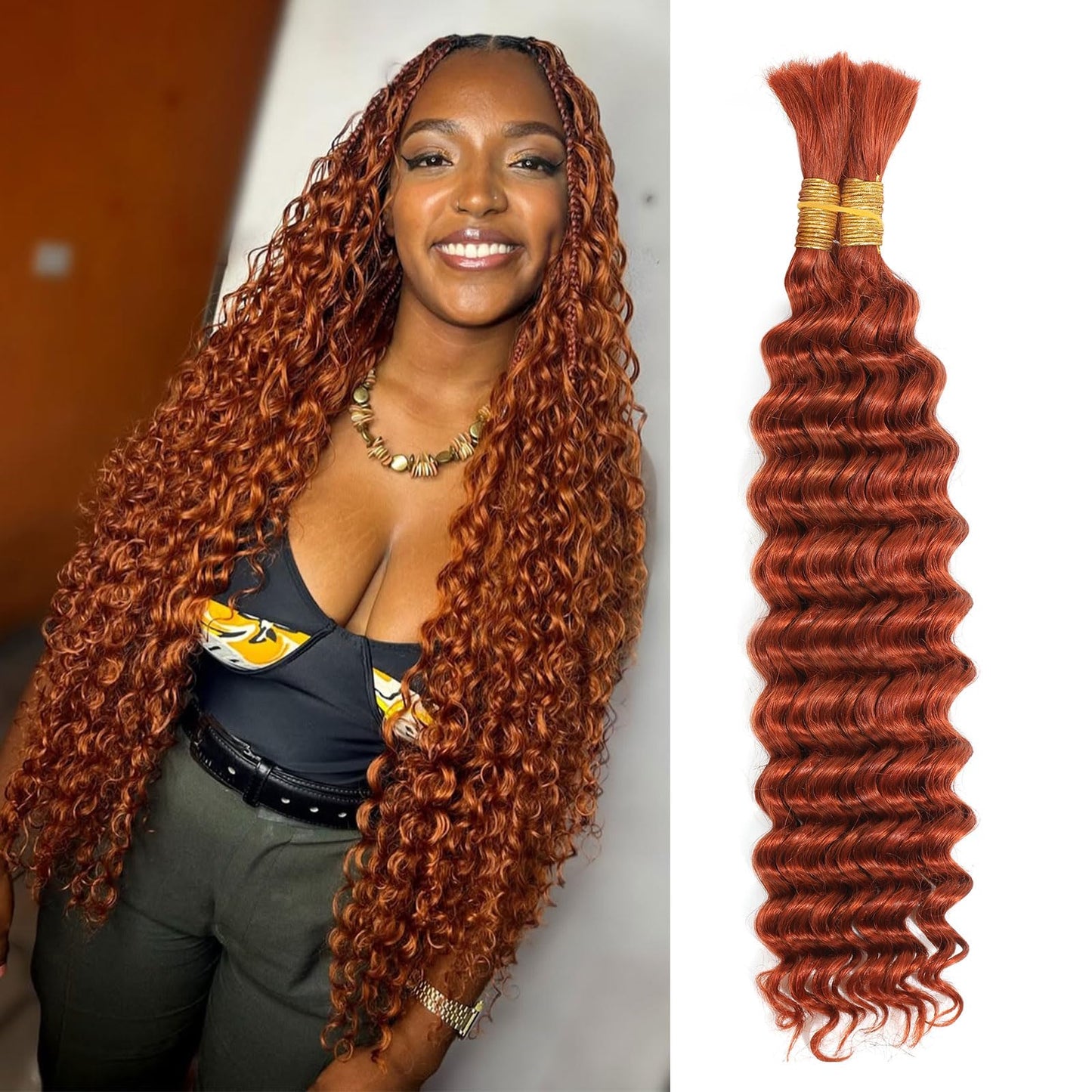 DSEKCAIN 350# Deep Wave Human Braiding Hair Bundles For Boho Braids Ginger Color Crochet 100% Human Hair Deep Curly 100g (2 of 50g) 16 Inch
