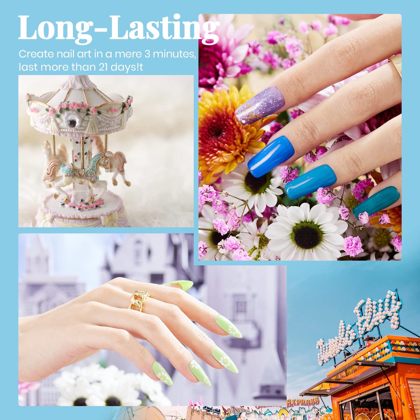 Beetles Gel Polish 5 in 1 Nail Glue and Base Gel Kit for Acrylic Nails and Gel Polish Nail Set 20 Colors Fantasyland Collection Pastel Bright Pink Purple Navy Blue Green Glitter Led Soak Off