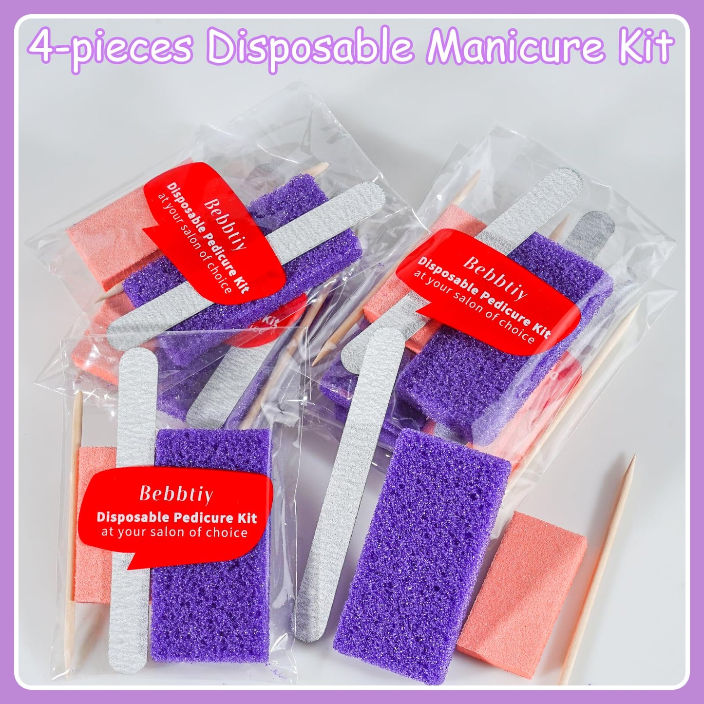 Disposable Pedicure Kit Sets, 4 in 1 Nail Salon Manicure Pedicure Kit Professional, Nail File, Pumice Pad, Mini Buffer, Wood Stick, Individually Package (50, Count, 80/100 Grit)