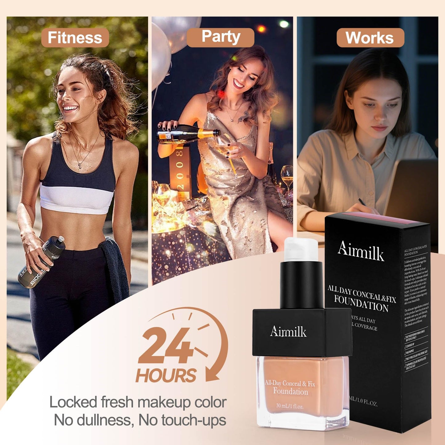 Airmilk Full Coverage Natural Liquid Foundation, Skincare Makeup with Salicylic Acid, Tattoo Cover, for All Skin Types, Sensitive Skin 30ml(MEDIUM COOL)