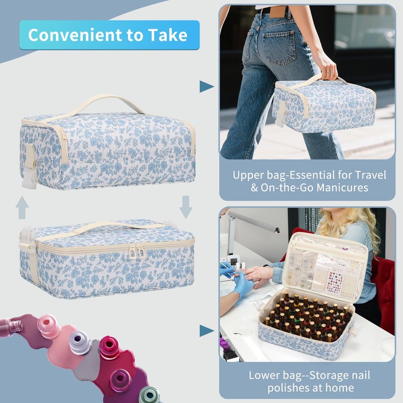 OCHEAL Nail Polish Organizer, Holds Nail Lamp and 45+ Bottles,3 Usage Modes Detachable Nail Storage Bag Travel Nail Tech Case Holds Nail Kit Stuff Manicure Tools -Floral