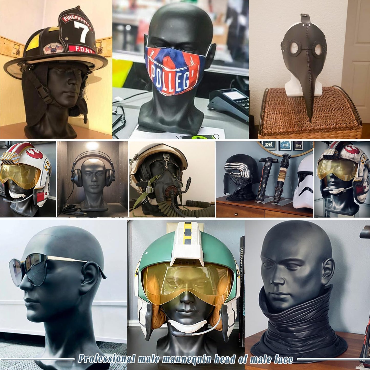 Male Mannequin Head Professional PVC Manikin Head for Display Wigs Hats Headphone Mask Sunglasses Scarf Jewelry Display Stand (Black Matte)