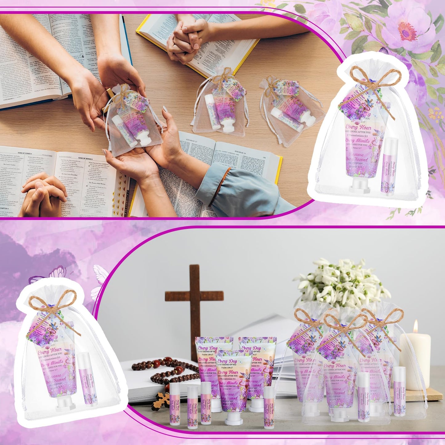 Swiffen 24 Sets Christian Graduation Gifts Hand Cream and Lip Balm Bulk Teacher Appreciation Gifts Bible Verse Thank You Cards with Organza Bag for Graduation Supplies(Cross)