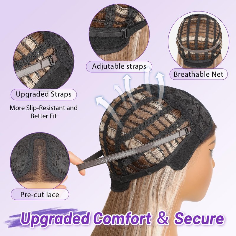 Eawwii Ombre Light Brown With Blonde Glueless Wigs for Women Pre Cut Synthetic Lace Hairline Long Layered Straight Hairstyle 26 Inch