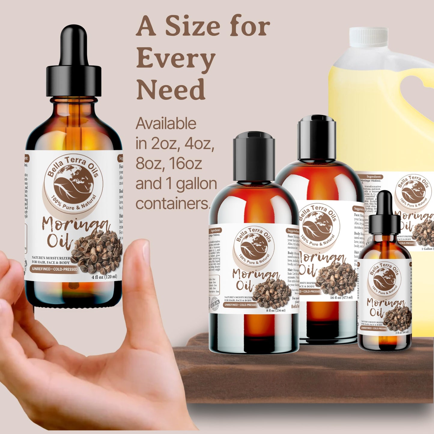 Bella Terra Oils - Natural Moringa Seed Oil 8 oz - A Symphony of Nutrients & Fatty Acids, Elevating Beauty Rituals with Natural Nourishment