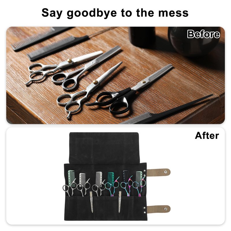 VOCOSTE Roll Up Scissors Bag, Durable & Foldable Salons Tool Pouch with Multi-Pockets, Hair Scissor Shears Cases for Hair Stylists, Black