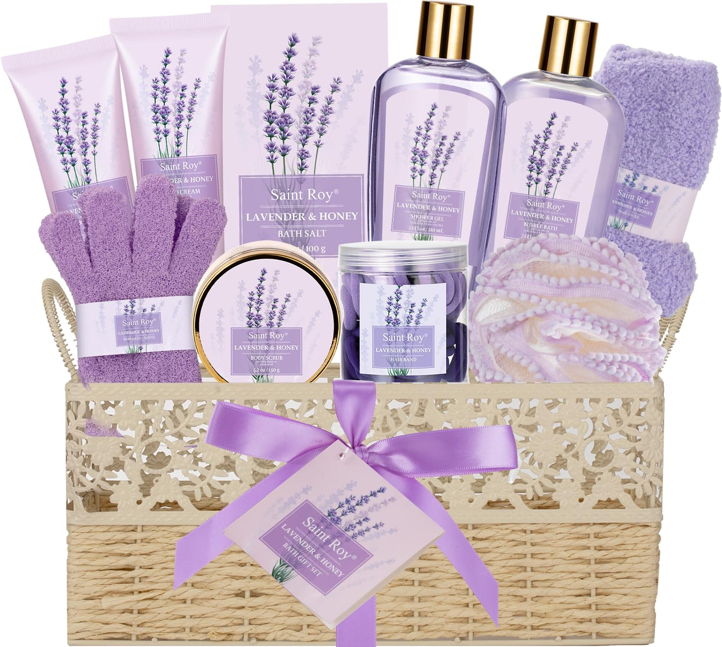 Lavender Bath and Body Gift Basket, Face Skin Care Set, Spa Kit, Self-Care