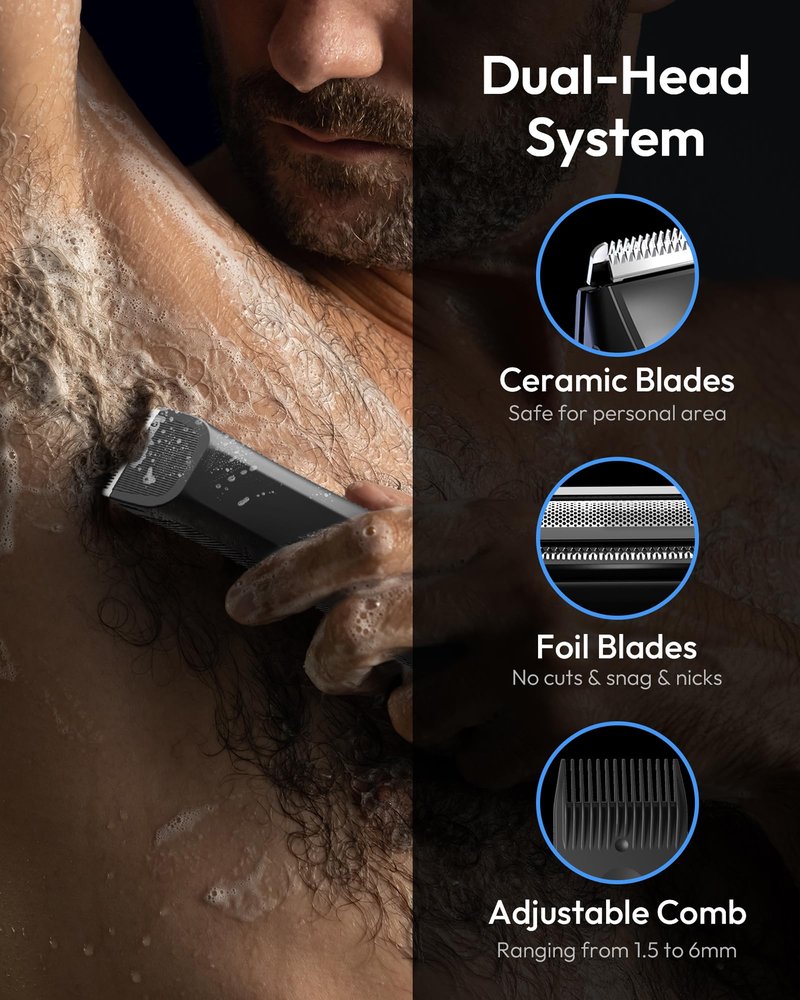 BILTRTE Groin& Body Hair Trimmer for Men,Dual-Head Ceramic Trimmer& Foil Blades,Ball Trimmer Men with Travel Lock,USB-C Rechargeable,Waterproof Wet/Dry Body Groomer with LED Display,Men's Ball Shaver