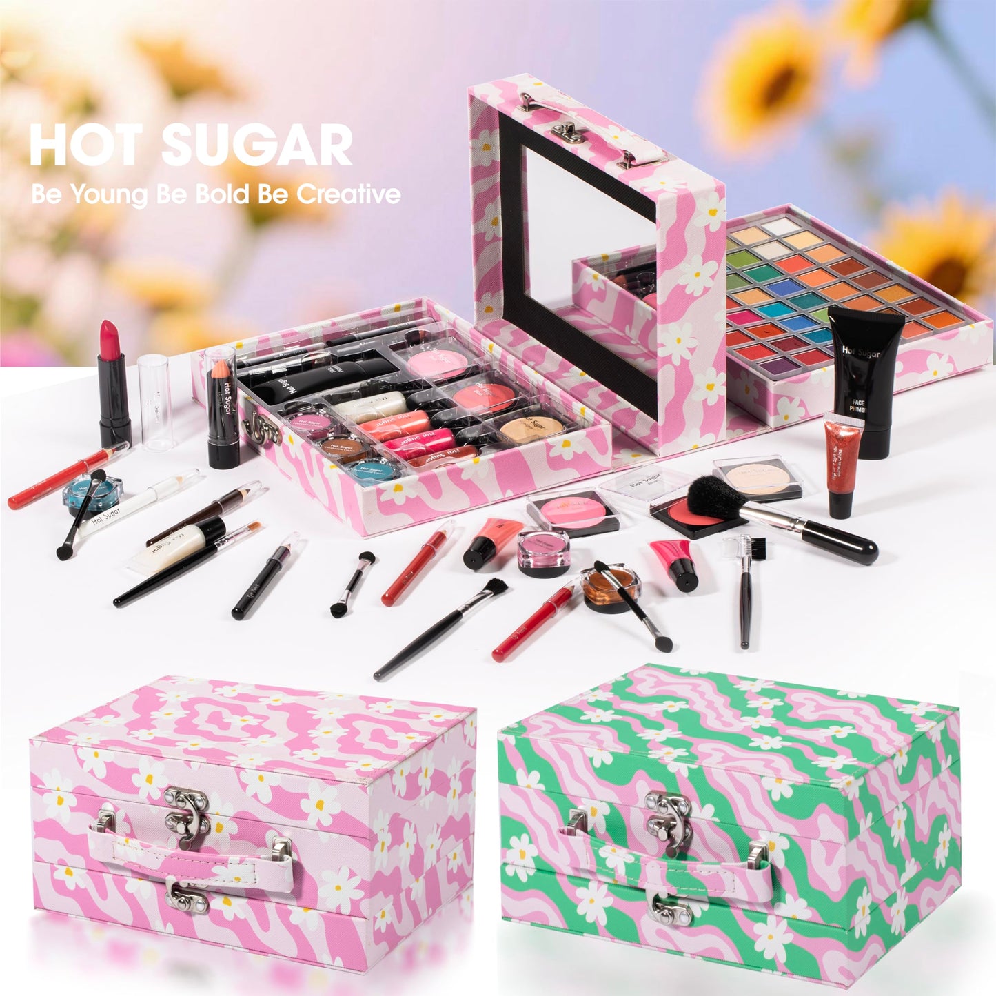 Hot Sugar Makeup Kit for Teens, Women with Deluxe Train Case (Floral Green)