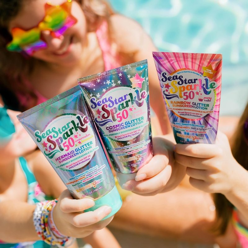 Rainbow Party Cake Scented Glitter Sunscreen - SPF 50, Biodegradable & Water Resistant | 3.4oz Kids Lotion