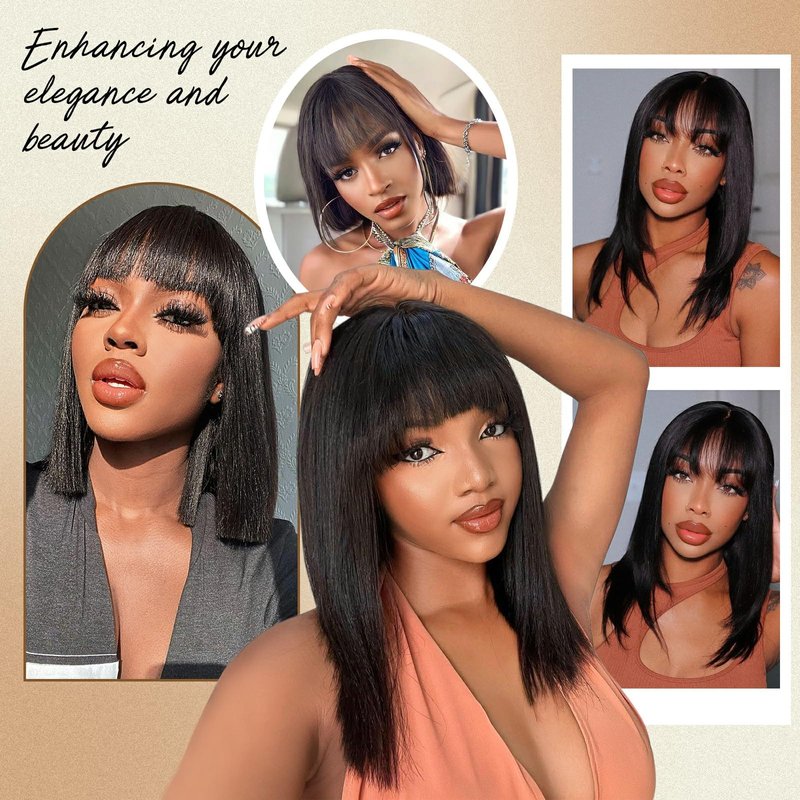 Lativ Bob Wig with Bangs Human Hair 4x2 Lace Bob Wig Human Hair with Bangs 150% Density Middle Part Natural Black(10 Inch,Bob With Bangs)