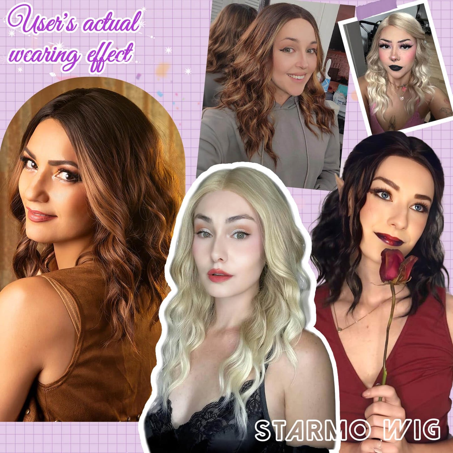 Starmo Ombre Light Brown With Blonde Short Wavy Bob Glueless Synthetic Fiber Lace Front Wig for Women Pre Cut for Beginners Natural Hairline 14 Inch