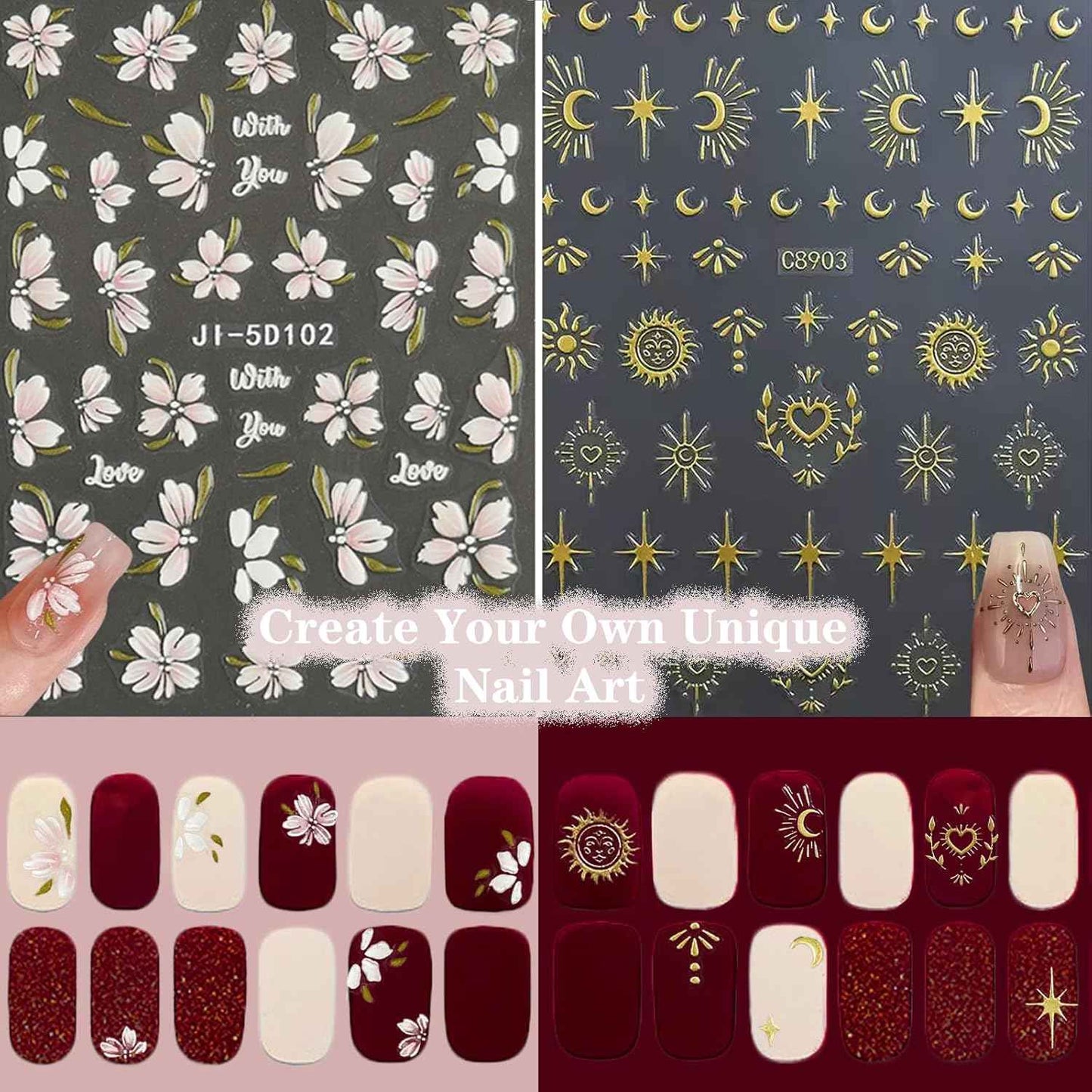 Nail Wraps Art Stickers for Coffin & Ballerina Nails - Glitter & Leopard Designs