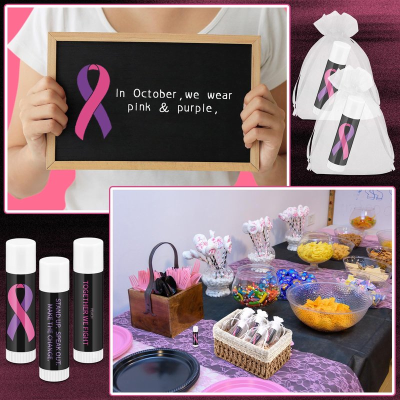 Fumete 100 Pcs Domestic Violence Awareness Items Lip Balm Bulk Pink Ribbon and Purple Ribbon Breast Cancer Awareness Moisturizer and Nourishing Lip Balm Gifts for Women Party Supplies, 4 Scents