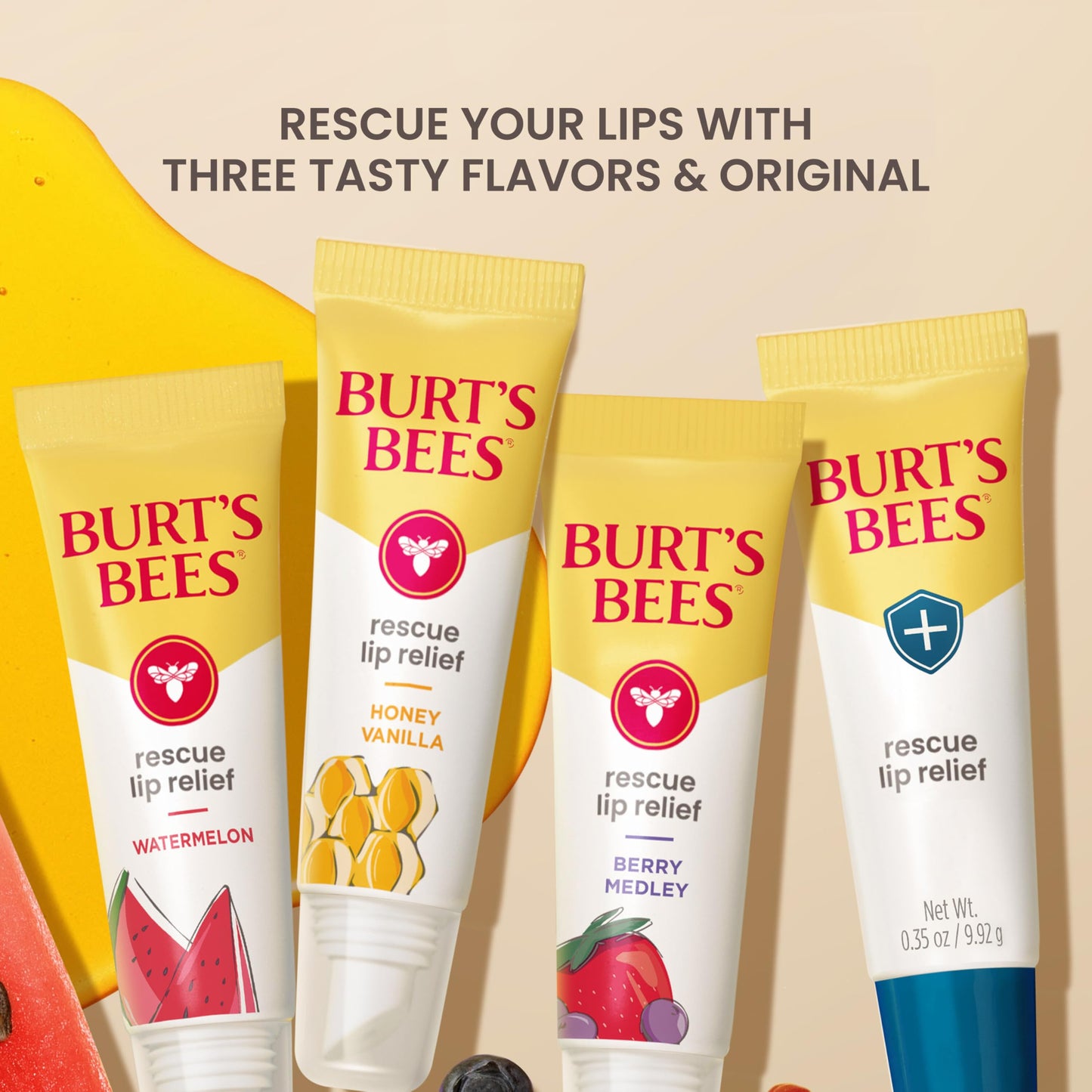 Burt's Bees Rescue Lip Relief, Watermelon & Berry Medley, Hydrating Lip Balm for Dry Cracked Lips, with Responsbily Sourced Beeswax and Shea Butter, 100% Natural Origin, 2 Pack, 0.35oz