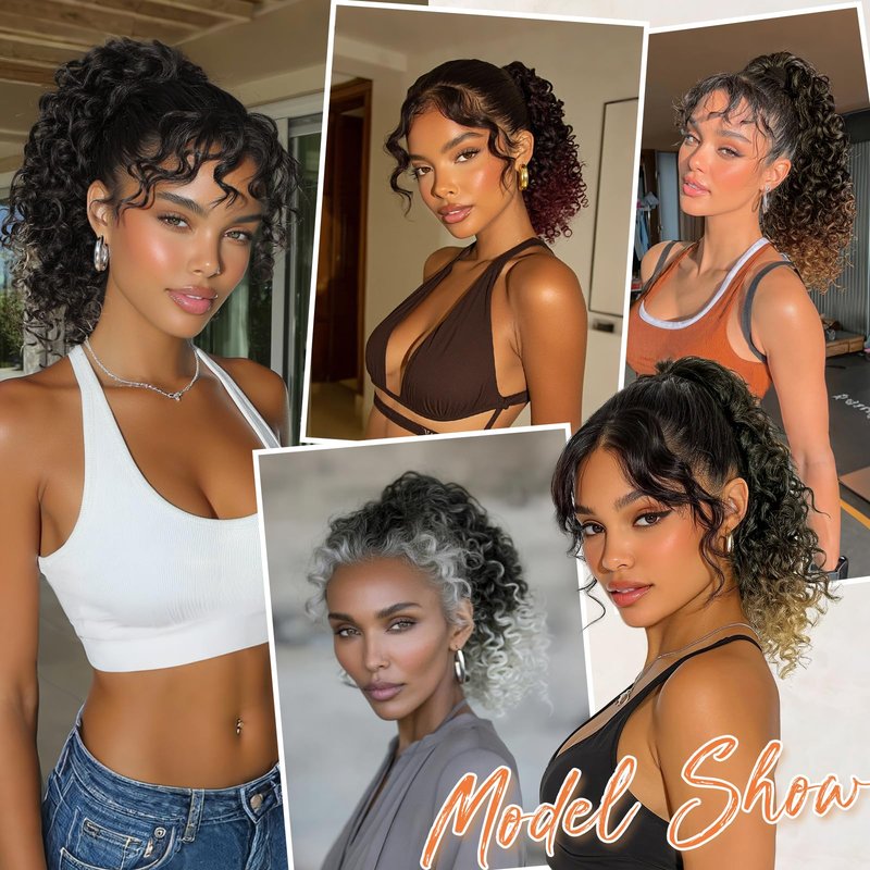 PEACOCO Curly Drawstring Ponytail for Black Women, 10 Inch Kinky Curly Ponytail Extension Synthetic Short Afro Puff Ponytail Hairpieces (1B/30)