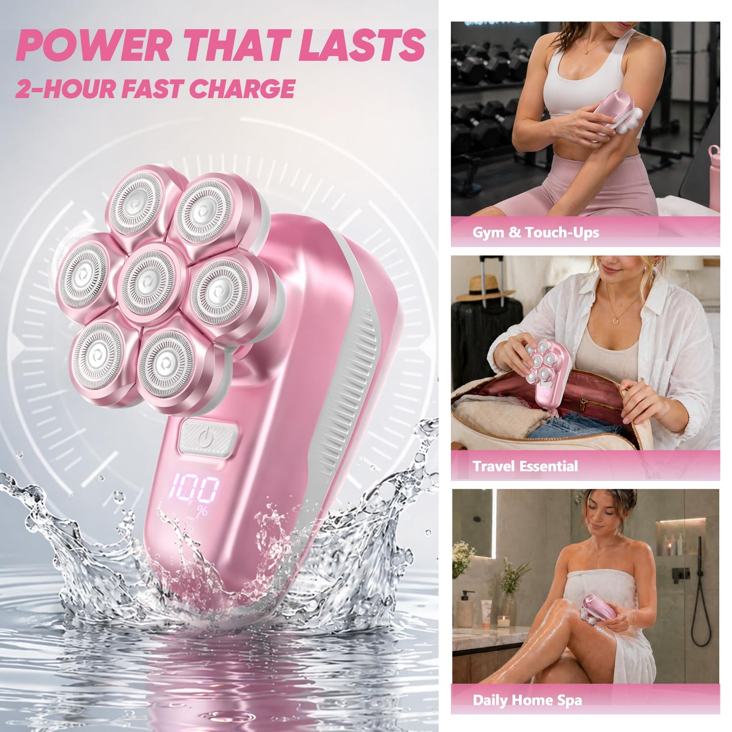 Electric Shaver for Women, Electric Razor with 7D Magnetic Shaver Heads, Wet Dry Waterproof Bald Head Trimmer Kit for Women & Men, Nose Ear Hair Trimmer, USB Rechargeable Clippers, Pink