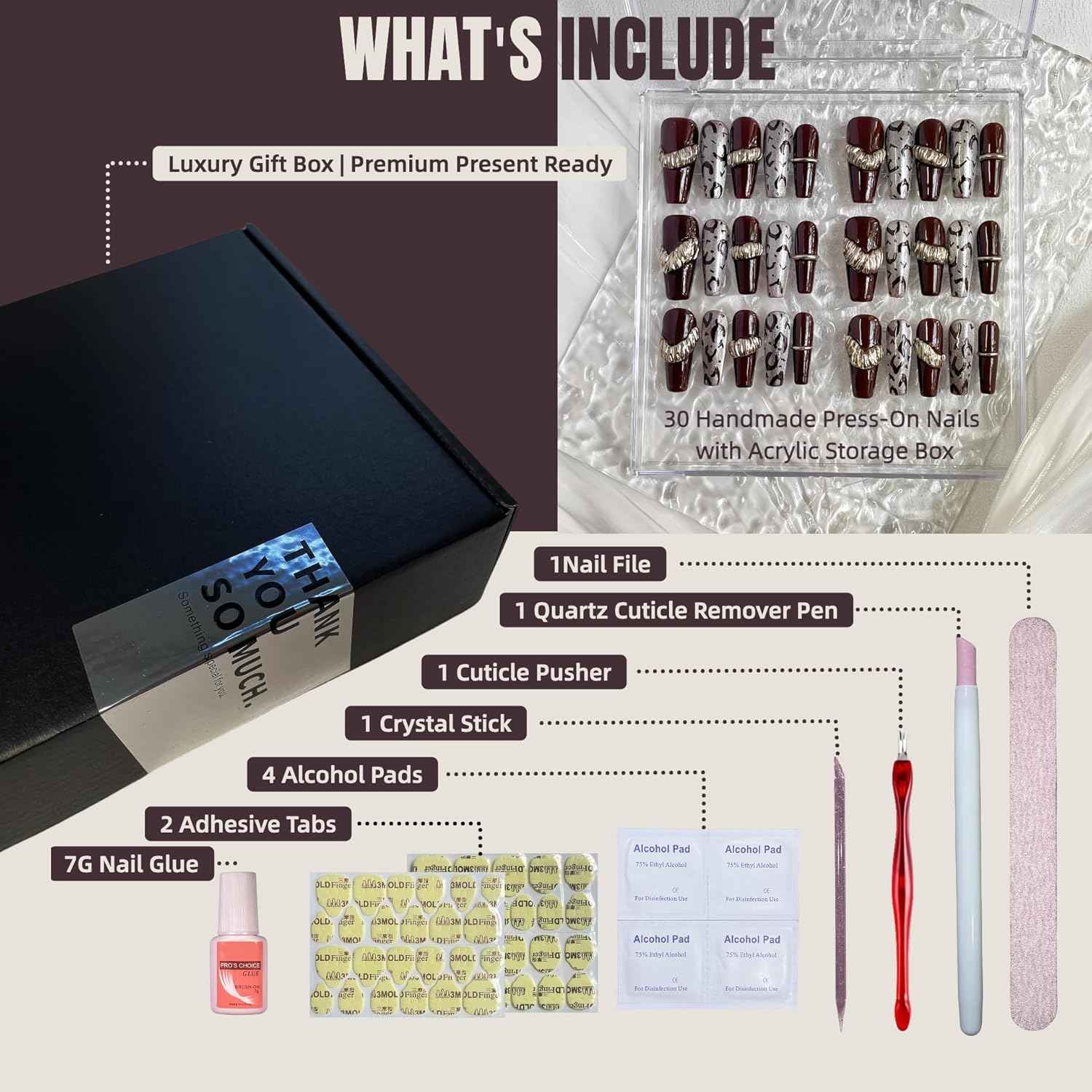 30PCS Luxury Press-On Nails Set – Long Coffin Dark Brown Leopard with Gold Accents – No Measuring Needed, Reusable Kit with Glue & Tools