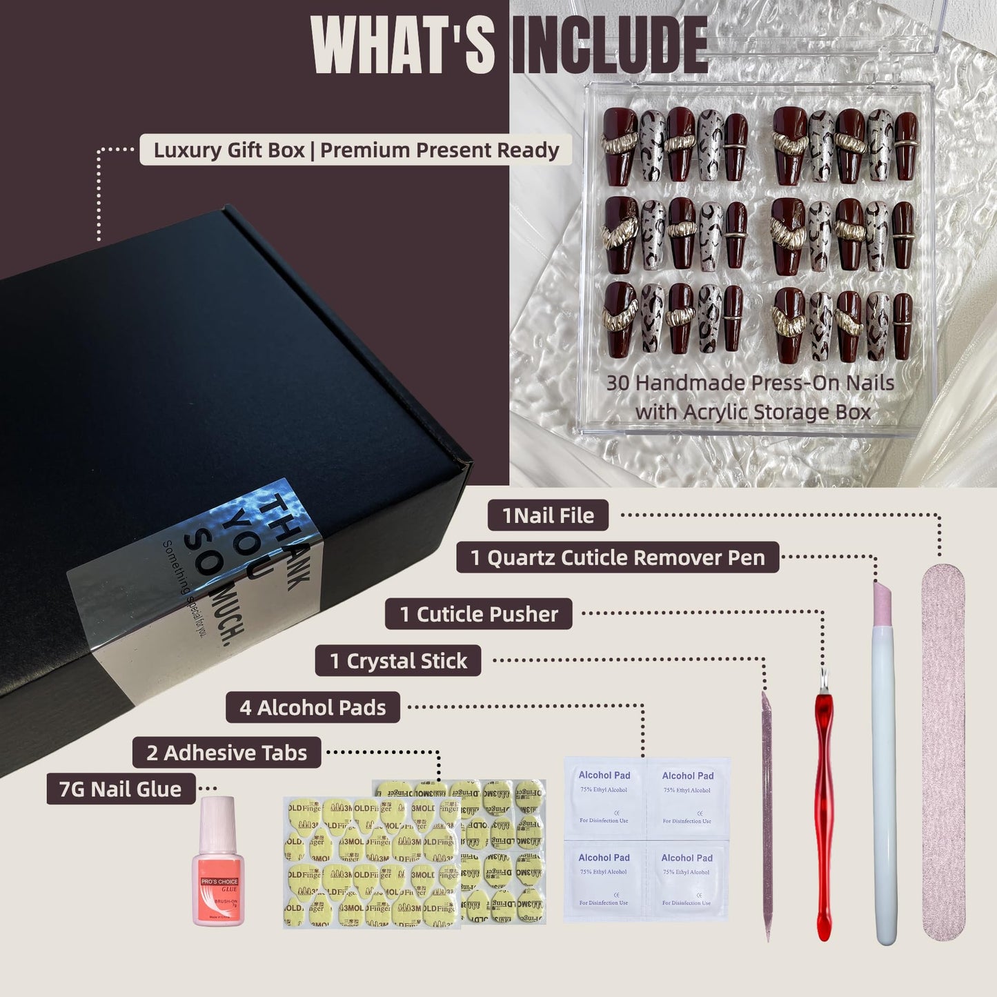 30PCS Handmade Press-On Nails – Long Coffin Dark Brown Leopard with Gold Accents – No Size Measuring Needed – Luxury Gift Set with Glue, Tools & Acrylic Box – Reusable Nail Kit for Women
