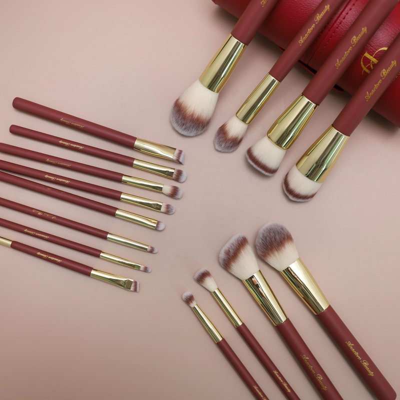 Anactoro Beauty Travel Makeup Brush Set, 16 Professional Vegan Matte Wood Handle Red Gold Makeup Brushes Set and 2 Makeup Sponges, ON-THE-GO Make up Brushes Set with Case (Red)