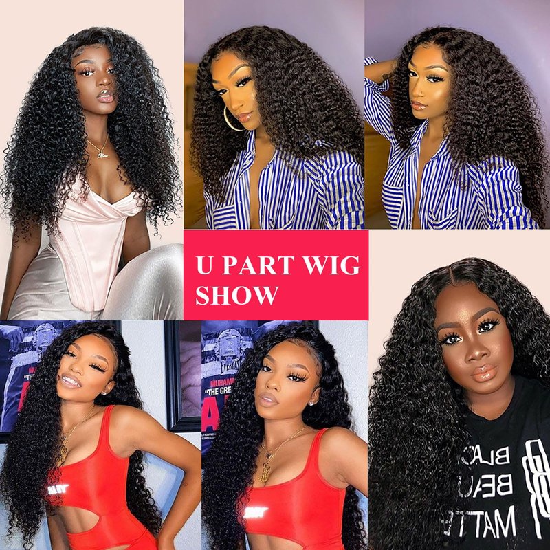 huarisi Water Wave U Part Wig Human Hair for Women 100% Unprocessed Brazilian Virgin Curly Upart Wig Human Hair Wigs 150% Density Natural Color (14 Inch)
