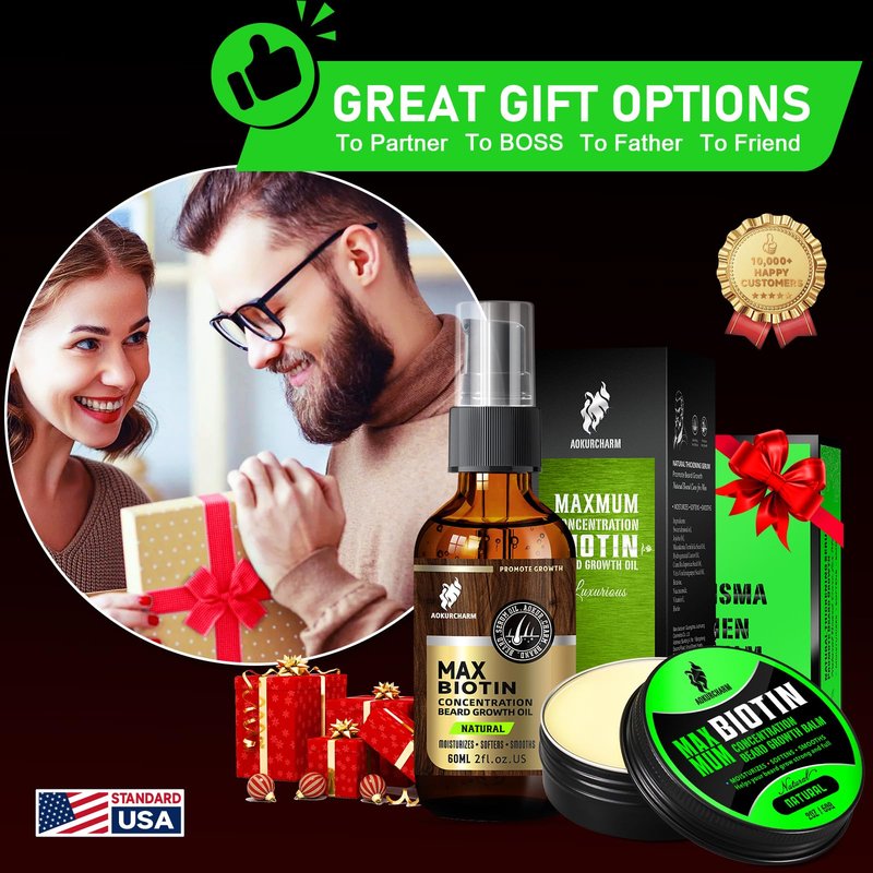 aokur 2 Pack Biotin Beard Growth Kit for Men – Unscented Beard Oil & Balm – Beard Care Set for Growth, Softening & Styling – Gift for Father’s Day & Christmas