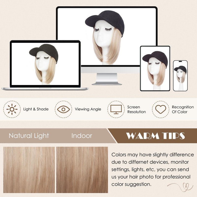 S-noilite Hat Wig for Women, Black Baseball Cap Wig with Short BOB Hair Attached Synthetic Hair Extensions Adjustable, Light Brown Highlighted Blonde