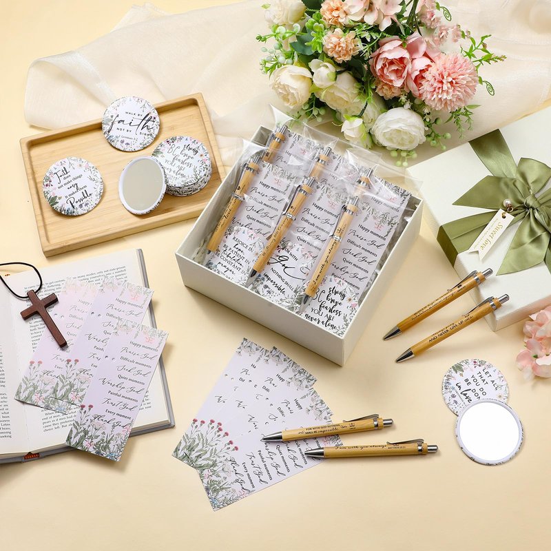 Dinifee 30 Sets Christian Gifts Bulk for Women Bible Verse Pen Flower Mini Compact Mirrors Floral Makeup Mirrors Inspirational Religious Gifts for Church Womens Ladies Sunday School