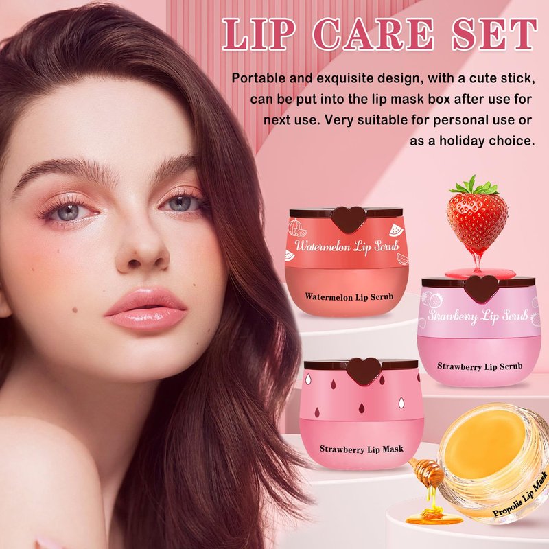 LZXLUKGIR 4PCS Lip Scrub and Mask Set,Strawberry and Honey Pot Lip Balm,Reduces Lip Lines Lip Exfoliator Scrub and Moisturizer,Repair Bee Lip Balm and Lip Scrub Set,Lip Mask Overnight