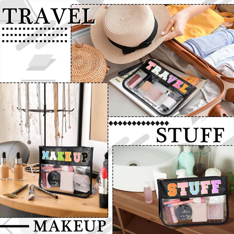 Paterr 6 Pcs Preppy Clear Flat Makeup Bag Pouch for Travel with Zipper PVC Waterproof Snack Bag Accessories DIY Cosmetic Travel Toiletry Purse for Women Girls(Black)