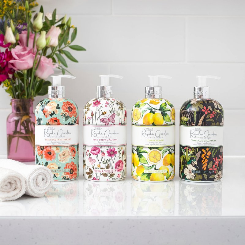 Baylis & Harding Liquid Hand Soap Wash with Dispenser, Royale Garden, Peach Peony & Jasmine, 16.9oz/500ml (6-Pack)