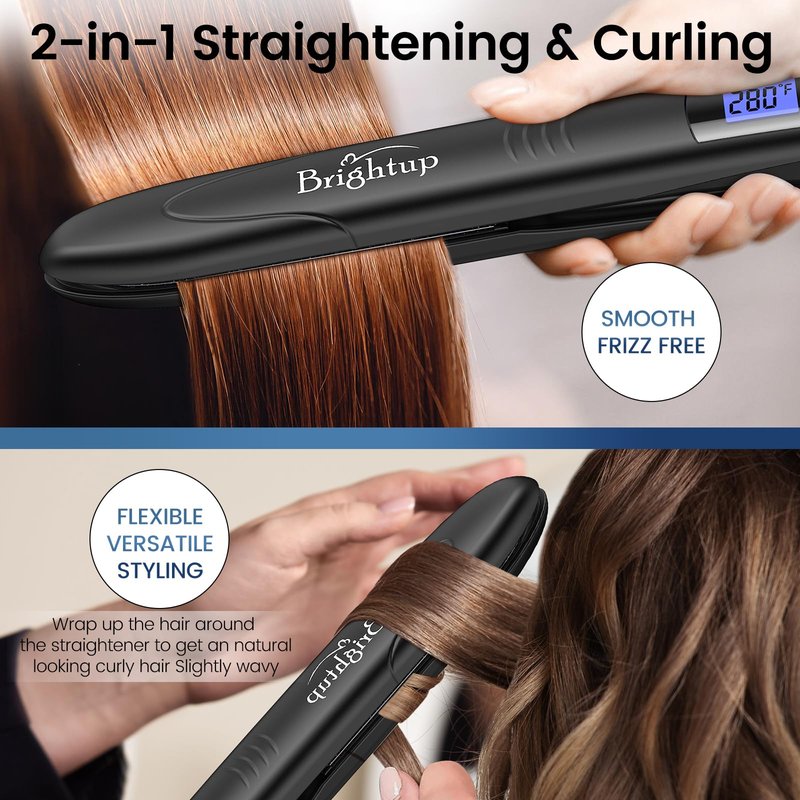 Brightup 2-in-1 Hair Straightener & Curler with 1" Vibrating Plates, Tourmaline Ceramic for Less Frizz & Shiny Smooth Hair, 20S Fast Heating, 10 Temp Settings & Auto Shut Off, Dual Voltage