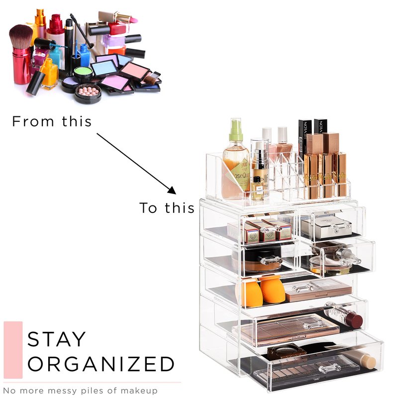 Sorbus Acrylic Makeup Organizer Set, 7-Drawer Vanity & Countertop Cosmetic Storage with Small & Wide Compartments, CLear Makeup Storage for Brushes, Jewelry – Holiday Gift for Women & Teens