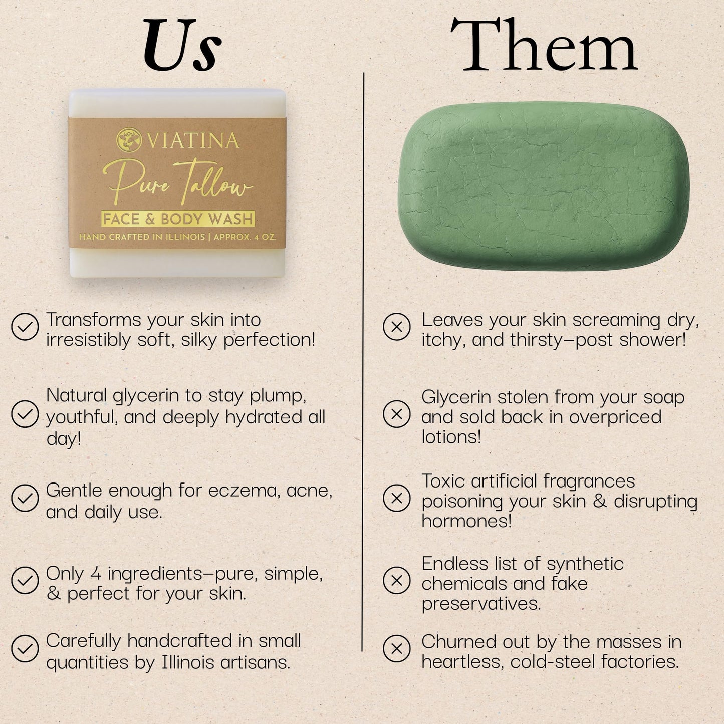 Viatina Beef Tallow Soap Bar - All Natural Grass Fed Beef Tallow - No artificial fragrances - Handcrafted in Illinois - 3 Pack
