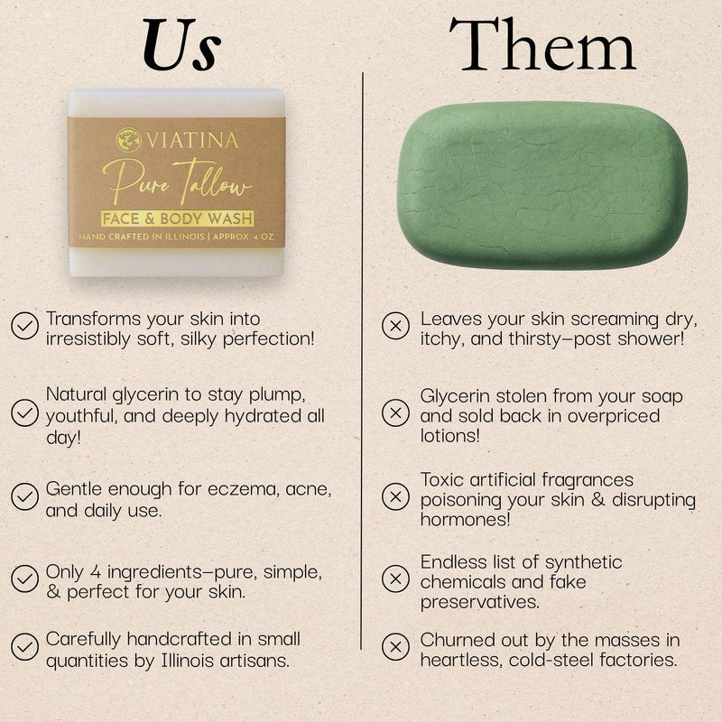 Viatina Beef Tallow Soap Bar - All Natural Grass Fed Beef Tallow - No artificial fragrances - Handcrafted in Illinois - 3 Pack