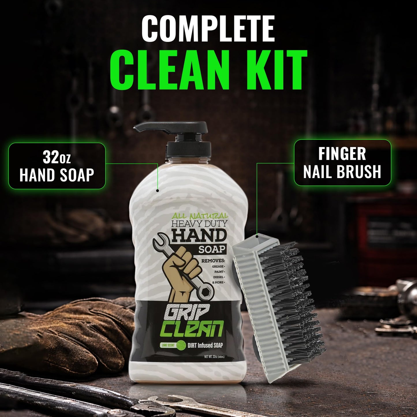 Grip Clean Heavy-Duty Hand Cleaner for Mechanics with Nail Brush - Moisturizing Coconut Oil Hand Cleaner Liquid Hand Soap with Stiff Bristle Nail Brush, Lime Scent - 32 Fl Oz Pump Top + Brush