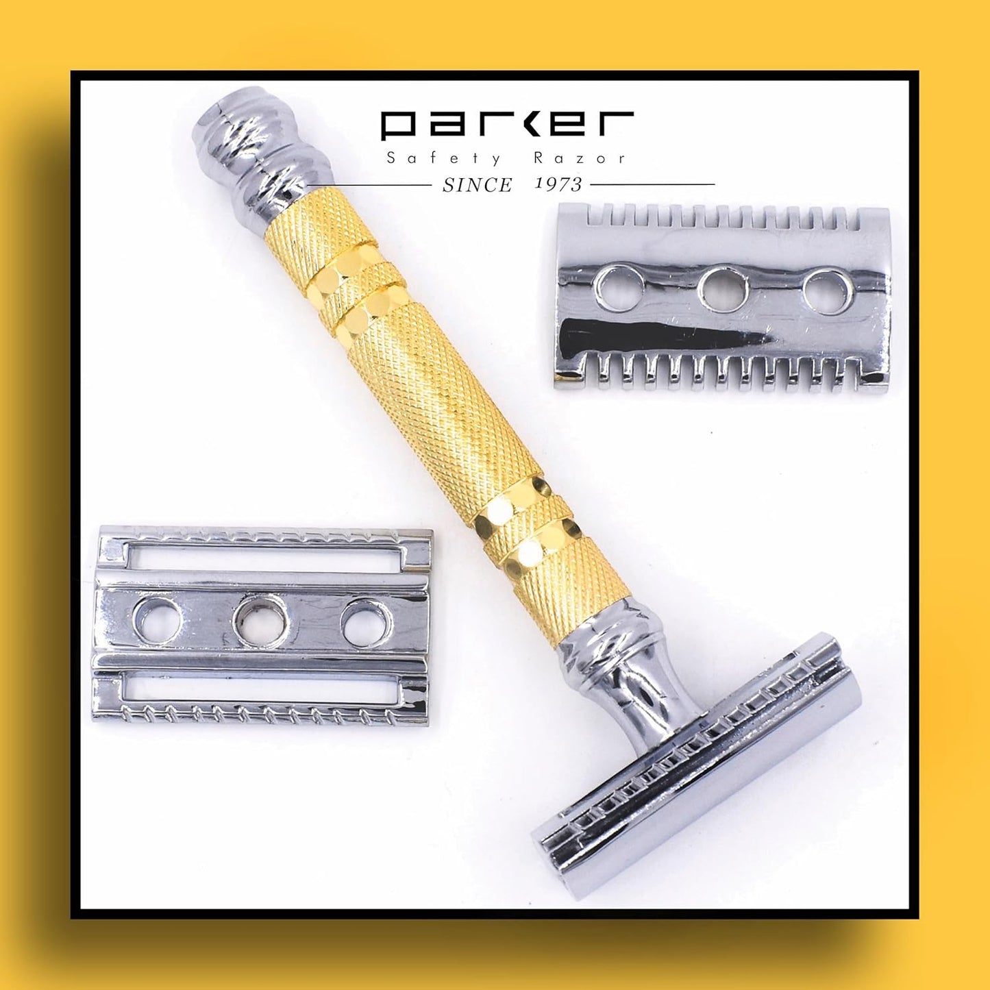Parker Double Edge Safety Razor - Interchangeable Open & Closed Comb Plates | Solid Brass/Chrome 93g Handle, Customizable Shave Experience