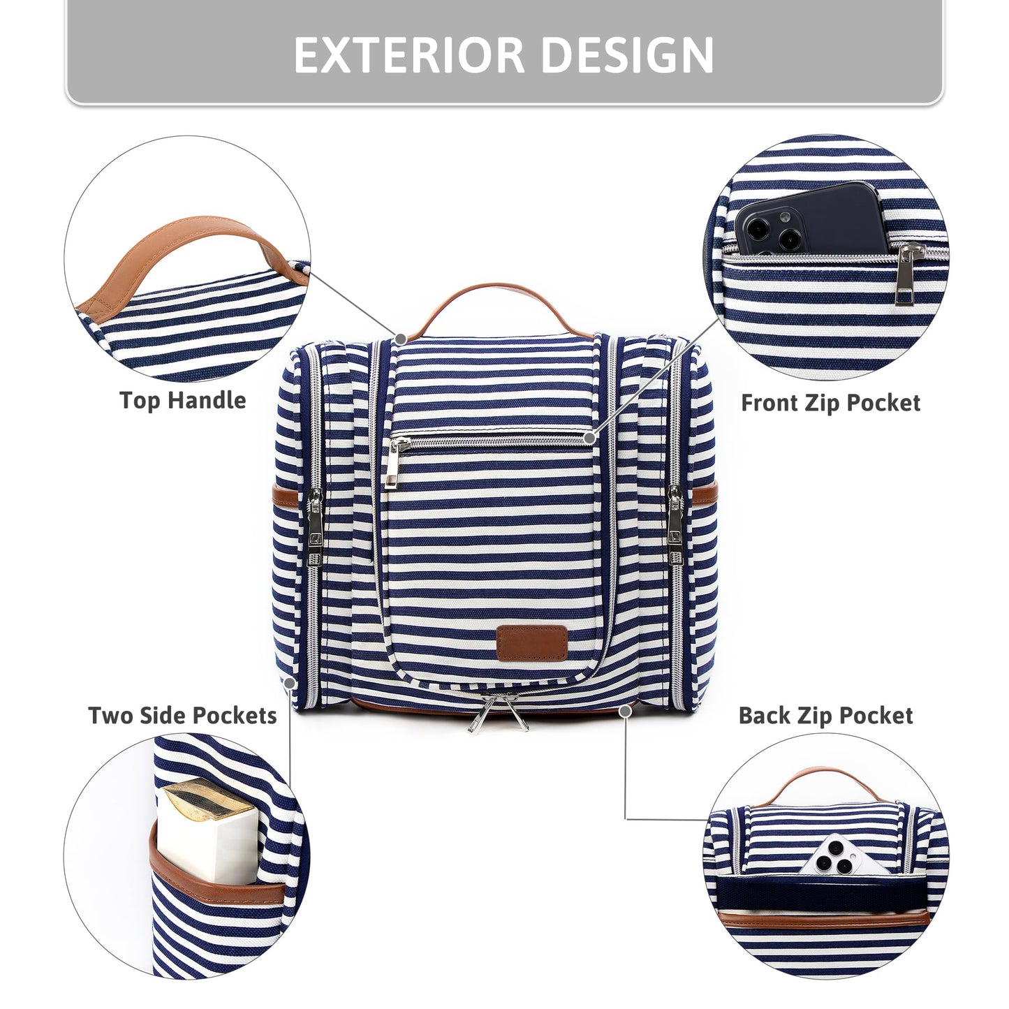 Pearl Angeli Hanging Toiletry Bag for Women and Men, Large Makeup Cosmetic Bag, Water Resistant Toiletries Travel Essentials Organizer, Full-size Container, Navy-striped