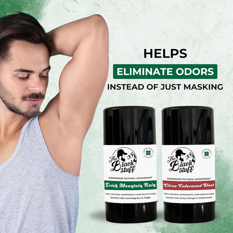 Natural Deodorant for Men - Aluminum Free Cocoa Butter & Lemon | Long-Lasting Freshness, Irish Mountain Rain & Citrus Cedarwood (Pack of 2)