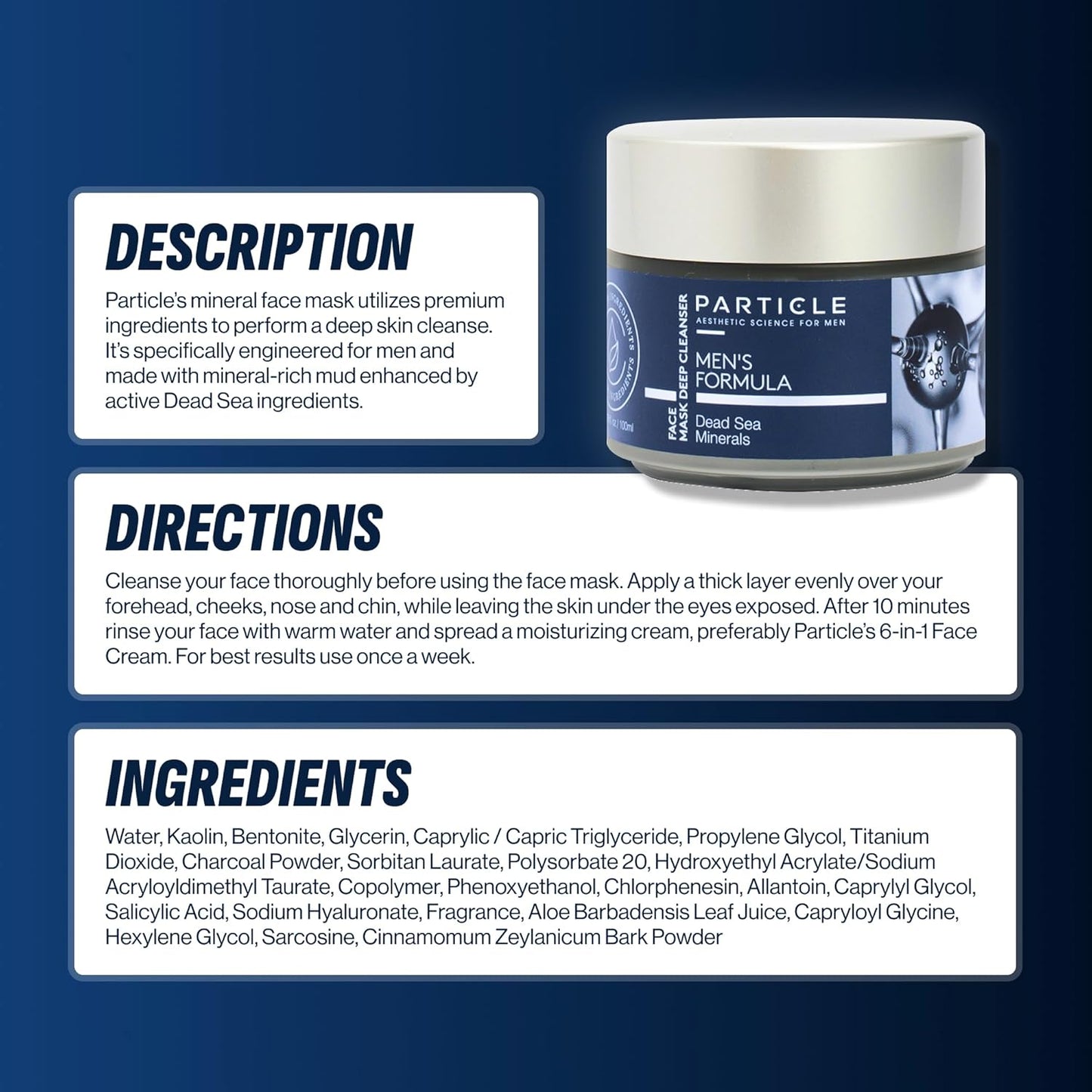 Particle Mineral Face Mask for Men - Hydrating Clay with Charcoal & Aloe Vera | 3.38 FL OZ
