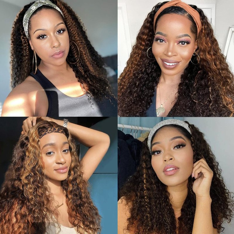 Youngirl Ombre Deep Wave Headband Wig Human Hair #4/27 Curly Headband Wigs for Black Women Human Hair Glueless None Lace Front Wigs Brazilian Virgin Hair Wig Machine Made 150% Density 12 Inch