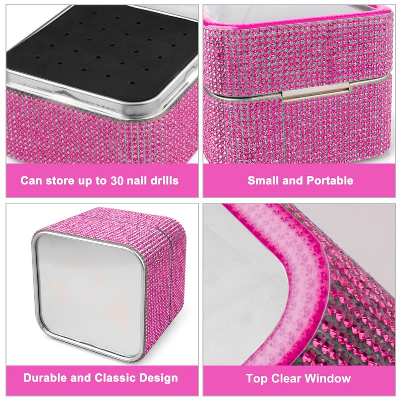 Cellentool 30Pcs Nail Drill Bits Set with Rhinestone Storage Box, 3/32 Inch Ceramic Diamond Carbide Nail Drill Bits for Acrylic Gel Polish, Cuticle Efile Remover for Manicure (Pink)