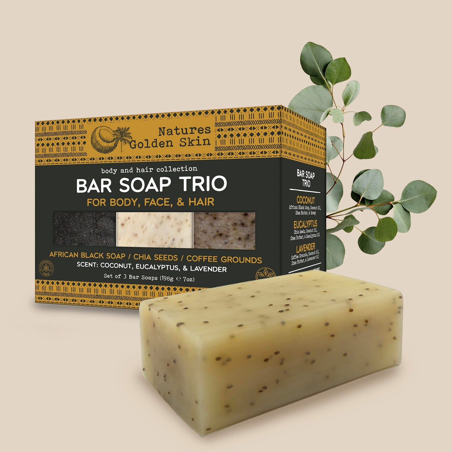 Nature's Golden Skin Bar Soap Trio for Body, Face, & Hair, Coconut, Eucalyptus, Lavender, 3 Bars (7 oz each) | Home and Body Company