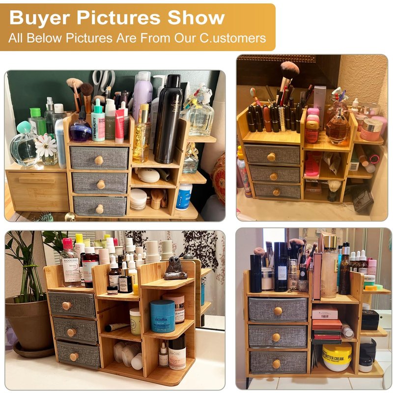 Large Makeup Organizer Countertop For Vanity Dresser, Bamboo Bathroom Counter Organizers And Storage,Cosmetic Skincare Perfume Organizer With 3 Makeup Brush Holder/2 Drawers/5 Shelves /8 Compartments