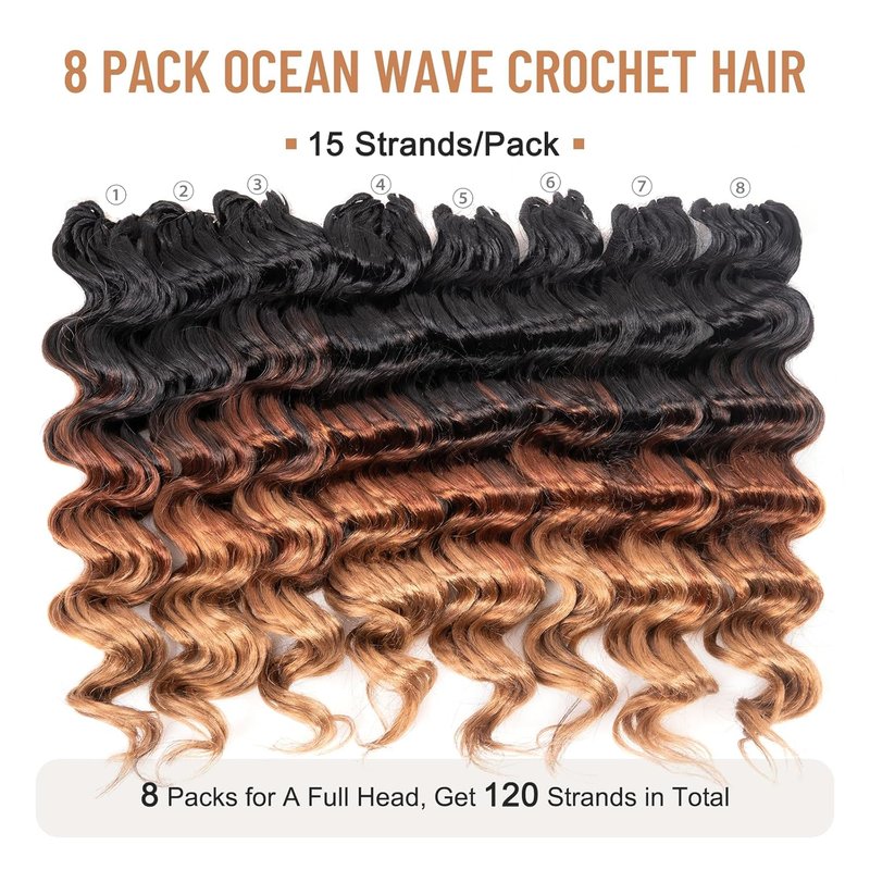 Ocean Wave Crochet Hair Extensions - 9 Inch Ombre Brown Short Curly Deep Wave | 8 Packs, Synthetic (OT30/27)