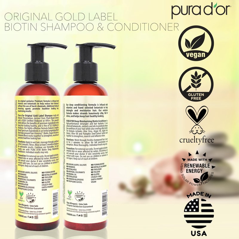 PURA D'OR Anti-Thinning Biotin Shampoo and Conditioner, CLINICALLY TESTED Effective Results, Herbal Blend Thickening Products For Women & Men, Original Gold Label Set, Natural Earthy Scent, 8oz x2